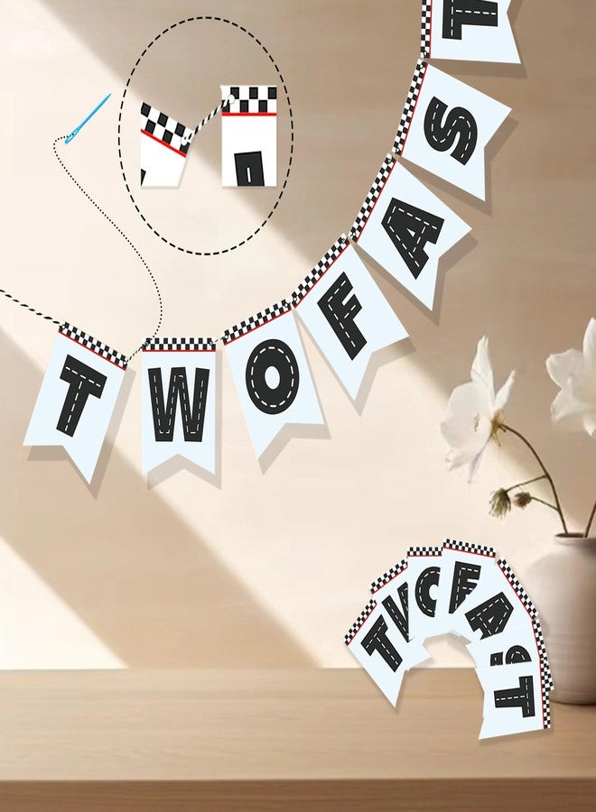 FEXICHUJI Two Fast Birthday Banner, Racing Theme Party Supplies Decorations with Race Cars, Flags, Tracks and More, Vintage 2nd Birthday Photo Backdrop Props for Boys - Image 2